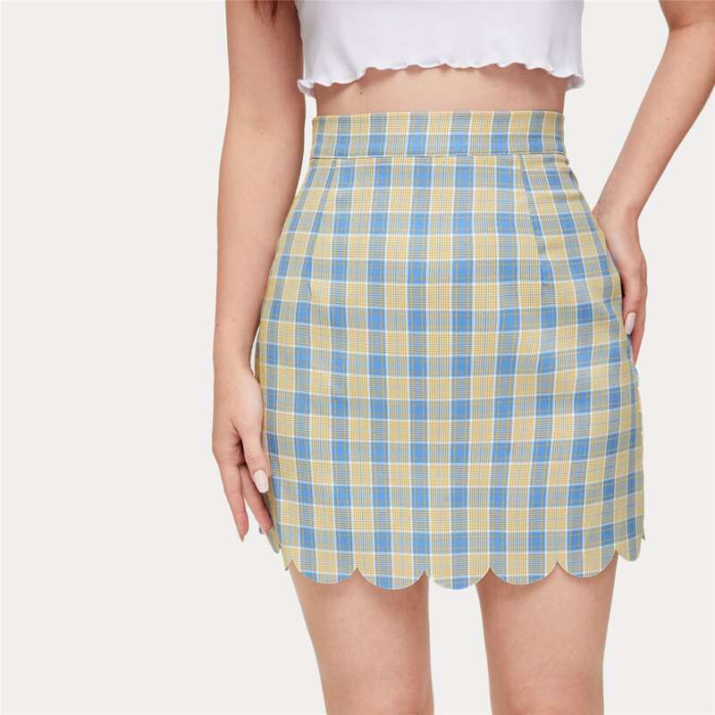 

Plaid Scallop Hem Skirt, Multicolor