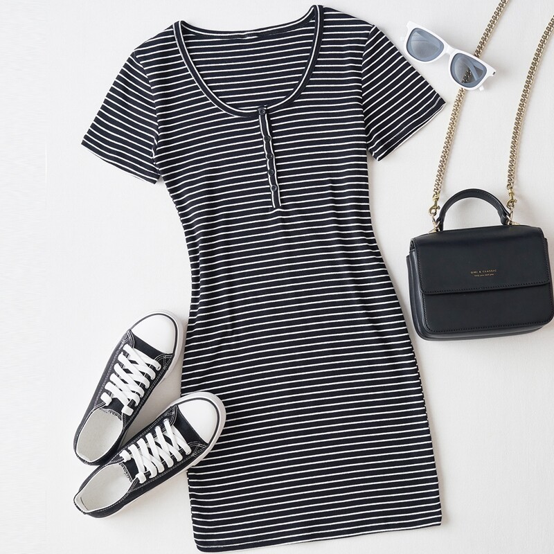 

Striped Henley Dress, Black