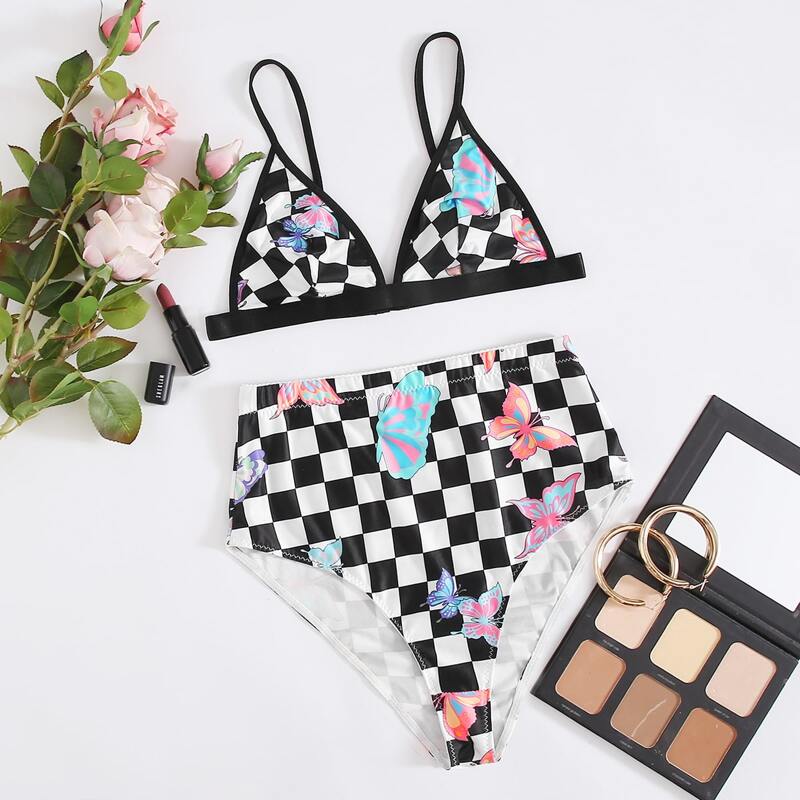

Checkerboard & Butterfly Print High Waist Lingerie Set, Multicolor