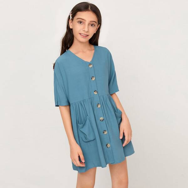 

Girls Button Front Patched Pocket Dress, Dusty blue