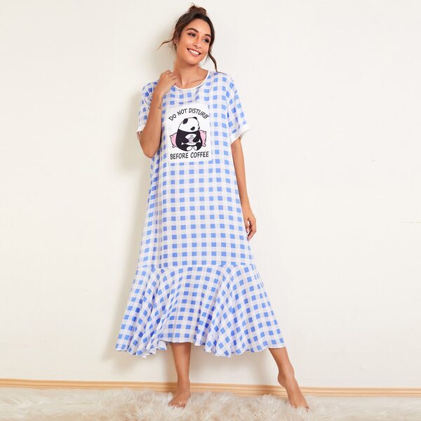 

Drop Shoulder Flounce Hem Buffalo Plaid Nightdress, Blue and white