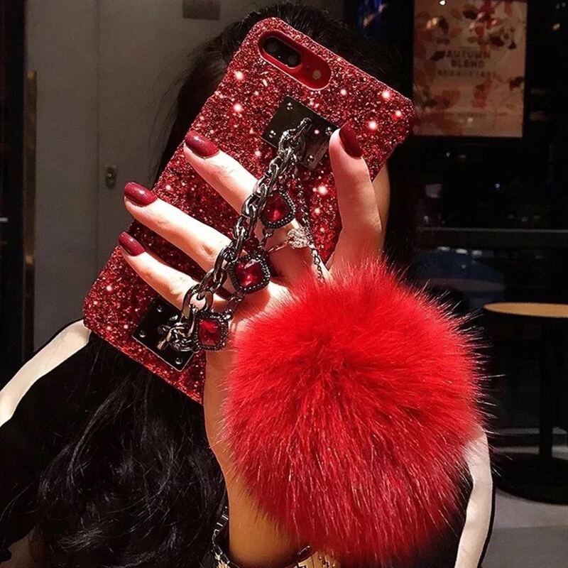 

Rhinestone Pom Pom iPhone Case, Red