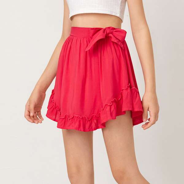 

Girls Tie Front Frill Trim Skirt, Red bright