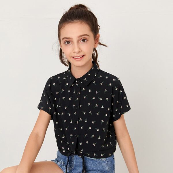 

Girls Floral Print Tied Hem Blouse, Black
