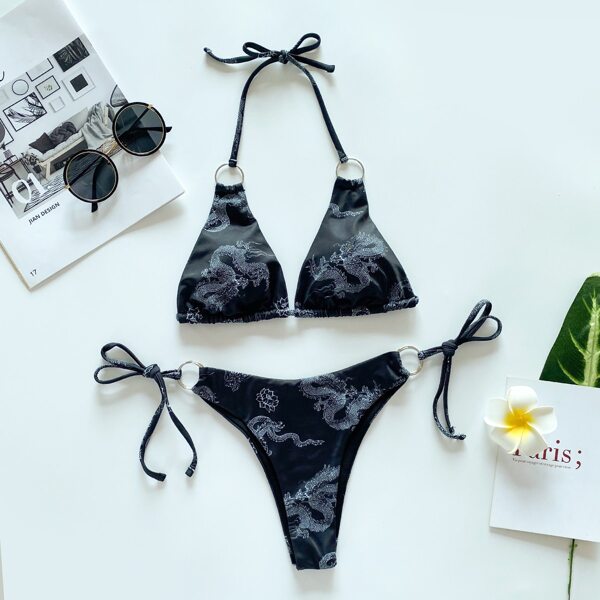 

Chinese Dragon Print Triangle Tie Side Bikini Swimsuit, Black