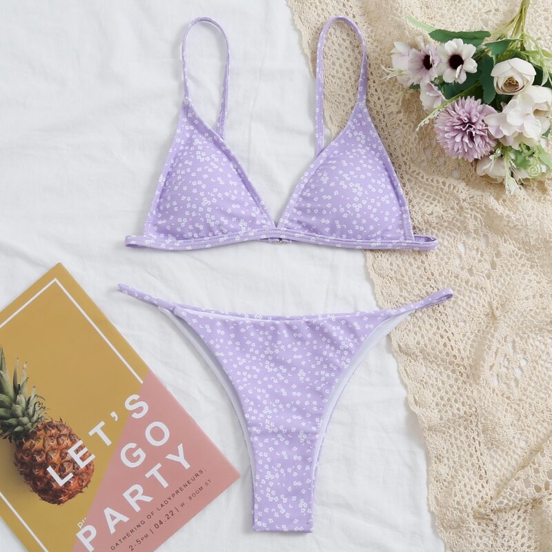 

Ditsy Floral Triangle Thong Bikini Swimsuit, Pastel lilac purple