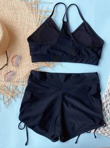 SHEIN Swim 夏季沙灘褶皺束腰側邊短褲比基尼套裝 - 黑色 - 查看 2