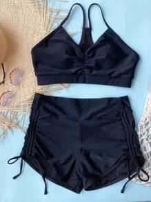 SHEIN Swim 夏季沙灘褶皺束腰側邊短褲比基尼套裝 - 黑色 - 查看 3