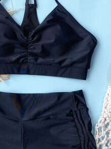 SHEIN Swim 夏季沙灘褶皺束腰側邊短褲比基尼套裝 - 黑色 - 查看 4