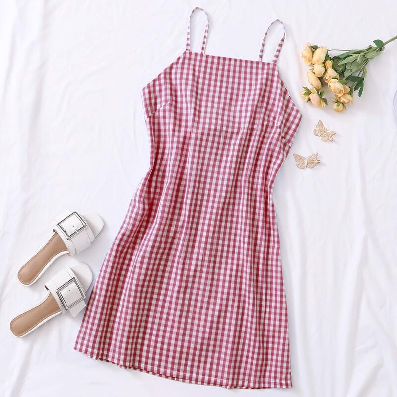 

Gingham Tie Back Cami Dress, Red and white