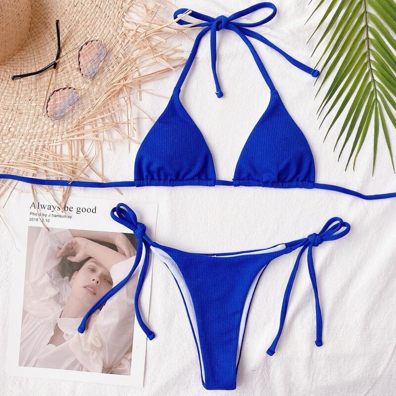 

Rib Halter Triangle Tie Side Bikini Swimsuit, Royal blue