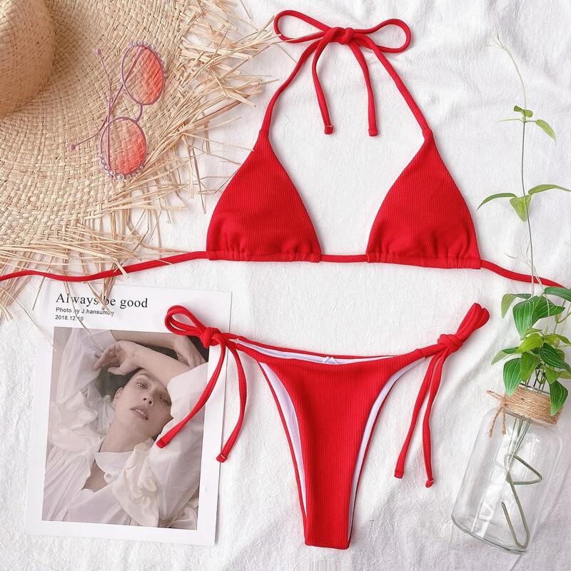 

Rib Halter Triangle Tie Side Bikini Swimsuit, Red