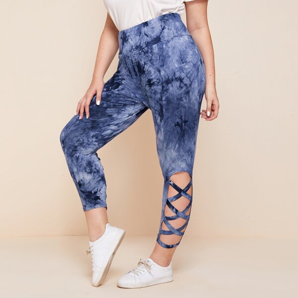 

Plus Criss Cross Hem Wide Waistband Tie Dye Leggings, Navy blue