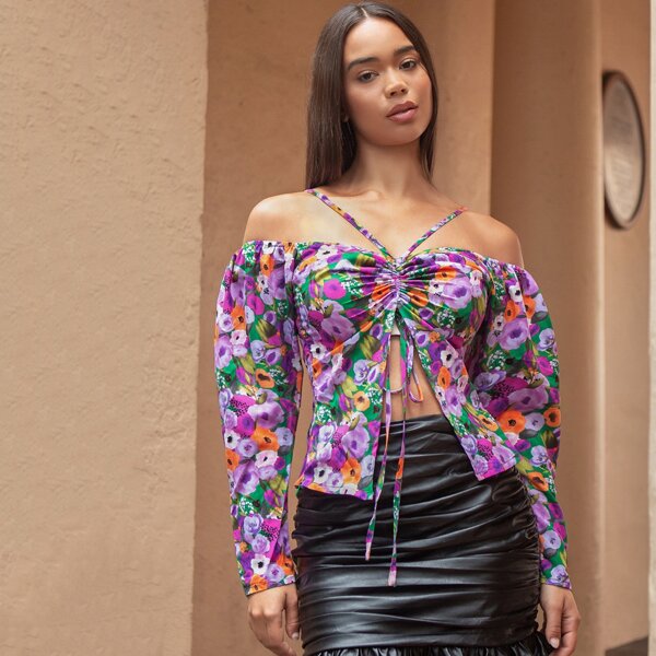 

Drawstring Split Front Floral Top, Multicolor