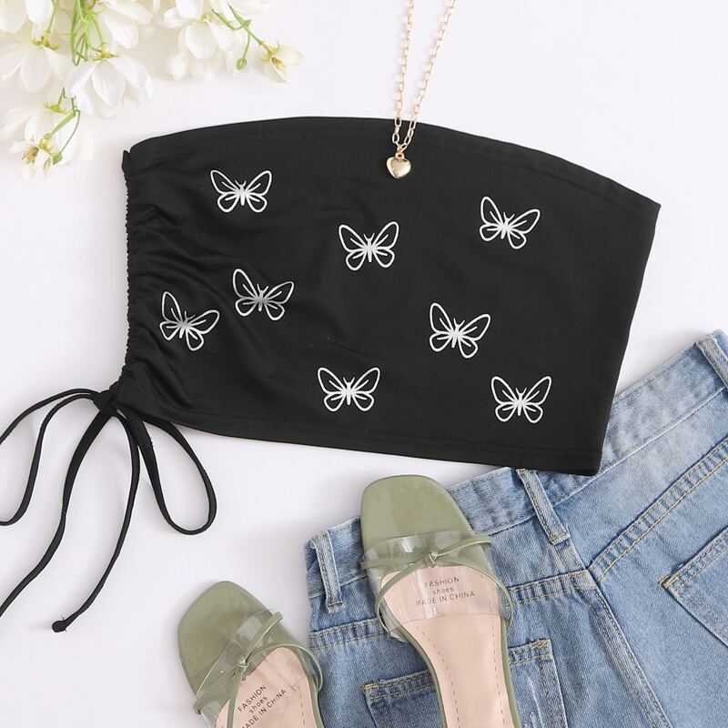 

Butterfly Drawstring Side Crop Tube Top, Black
