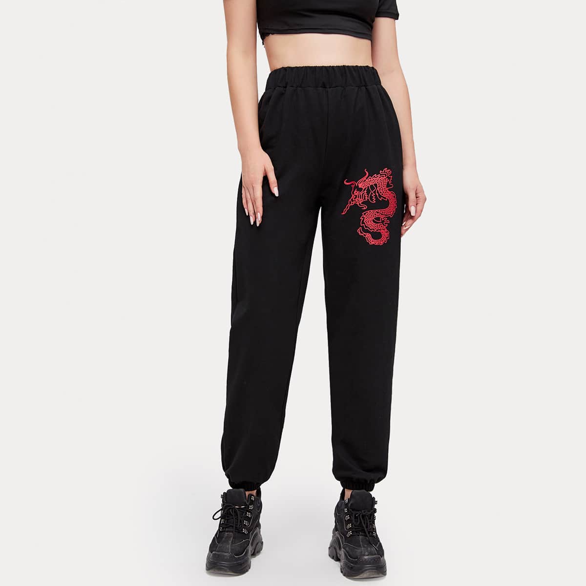 

Chinese Dragon Graphic Sweatpants, Black