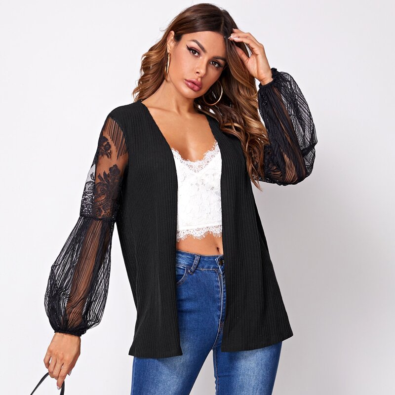 

Open Front Lace Lantern Sleeve Rib-knit Coat, Black