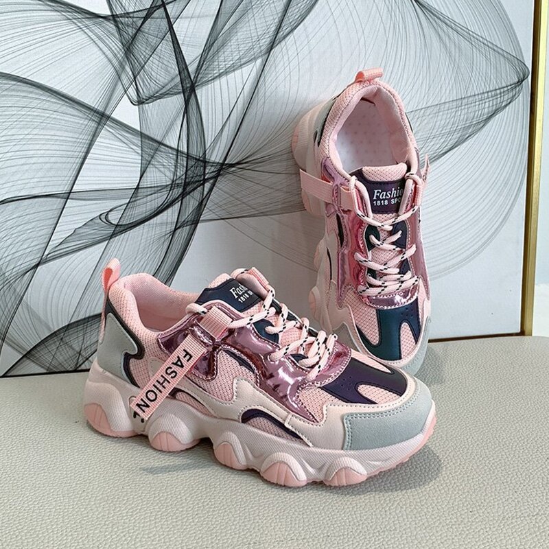 

Holographic Lace-up Chunky Sneakers, Pink