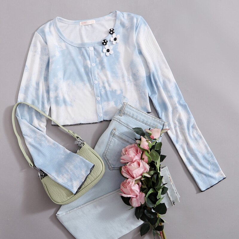 

Tie Dye Button Front Tee, Blue and white