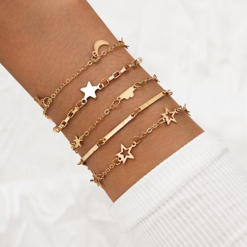 

5pcs Star Moon Decor Bracelet, Gold