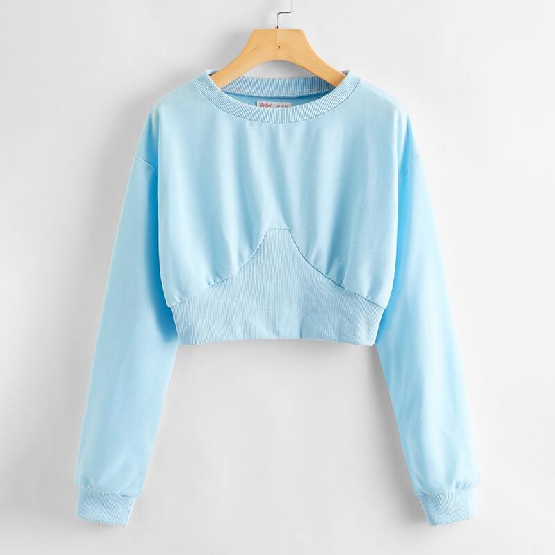

Solid Elastic Hem Crop Sweatshirt, Baby blue