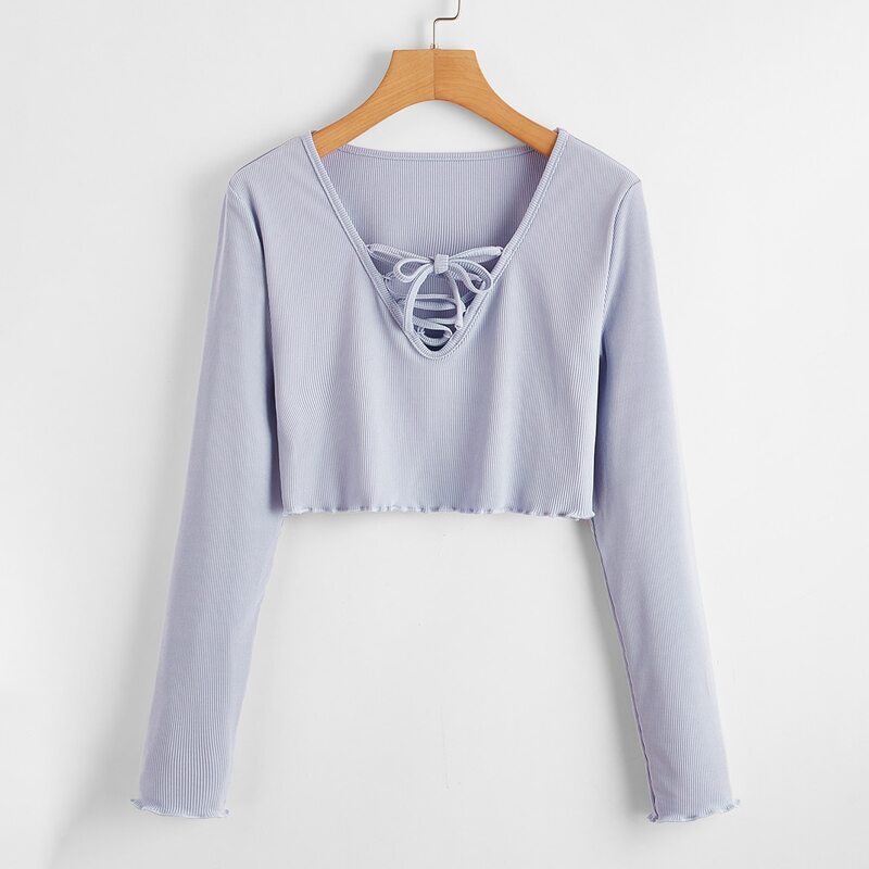 

Solid Lace Up Crop Tee, Dusty purple
