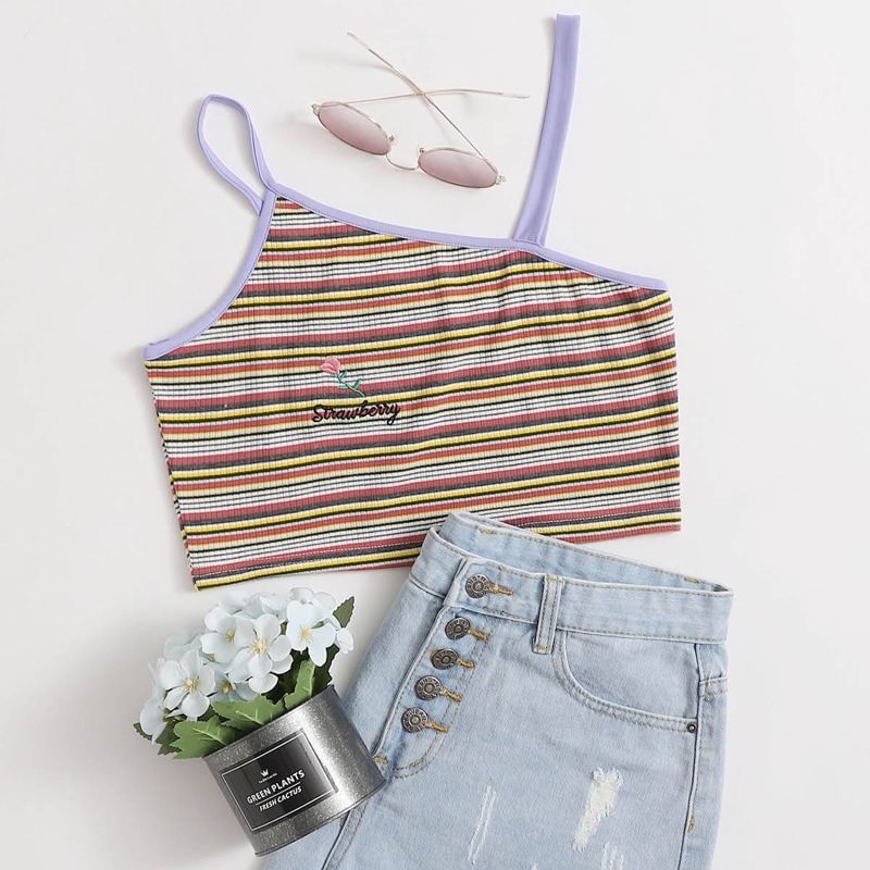 

Flower Embroidery Striped Cami, Multicolor
