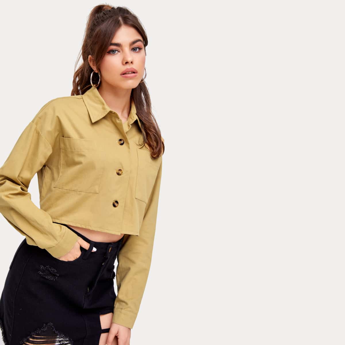 

Button Front Pocket Crop Jacket, Khaki