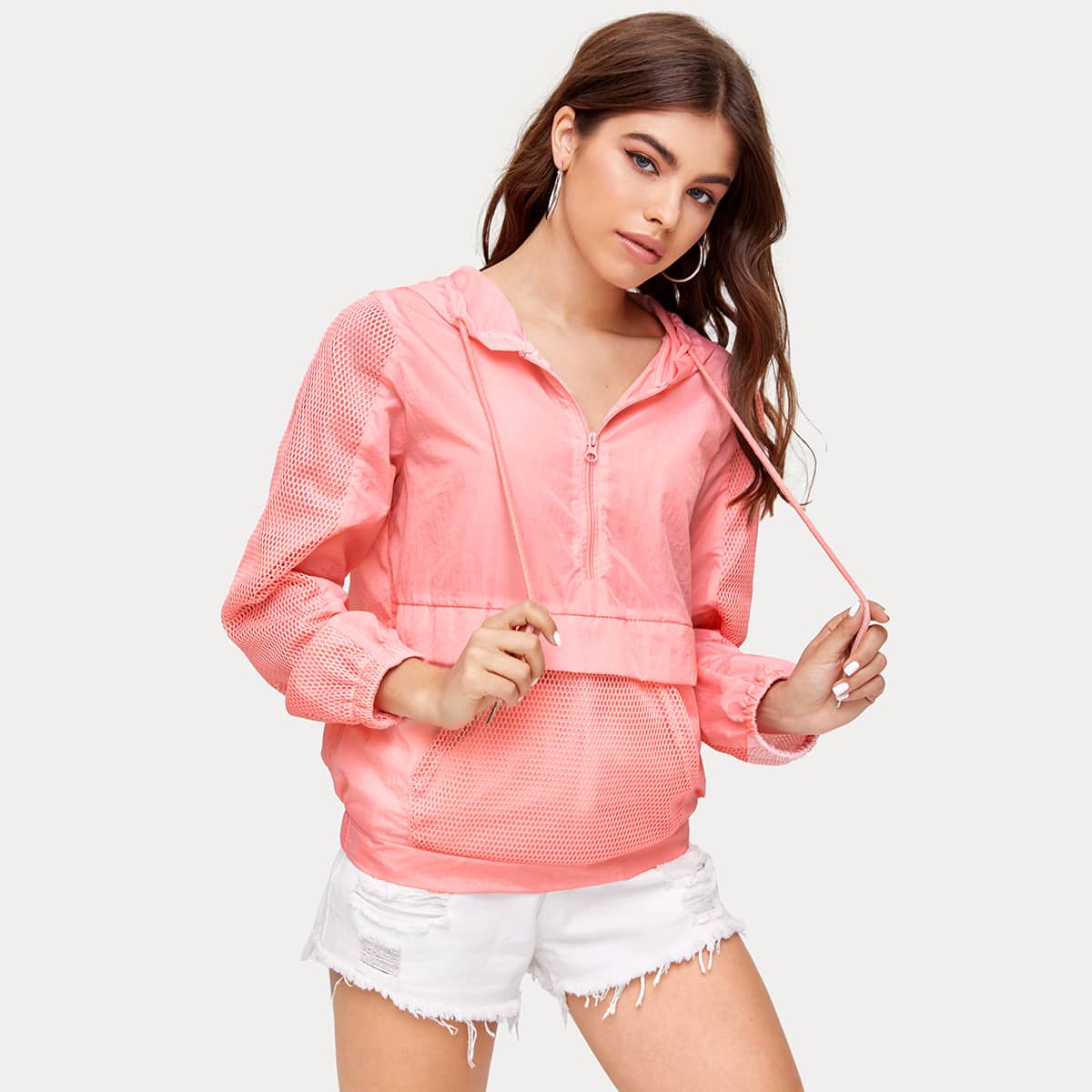 

Solid Half Zip Mesh Insert Jacket, Watermelon pink