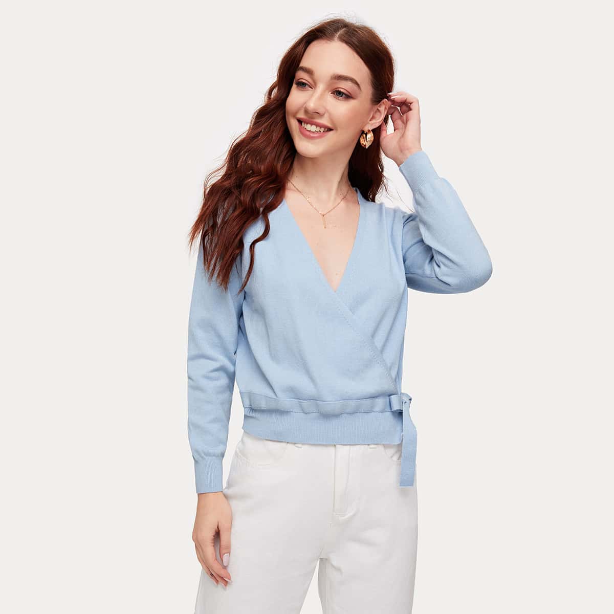 

Solid Wrap Tie Sweater, Baby blue