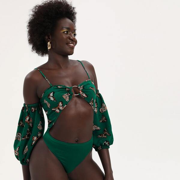 

Butterfly Cut Out O-ring Cold Shoulder Bodysuit, Green