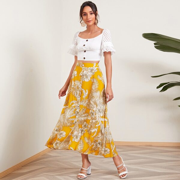 

Layered Ruffle Sleeve Button Top With Floral Skirt, Multicolor