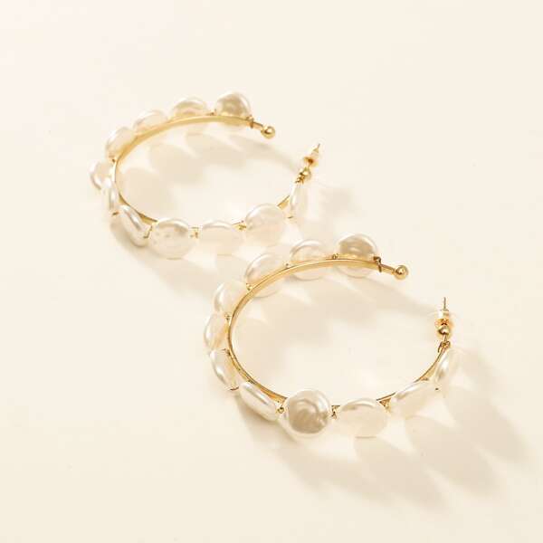 

Faux Pearl Decor Cuff Hoop Earrings, White