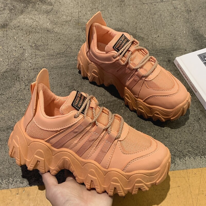 

Solid Lace-up Chunky Sneakers, Coral orange