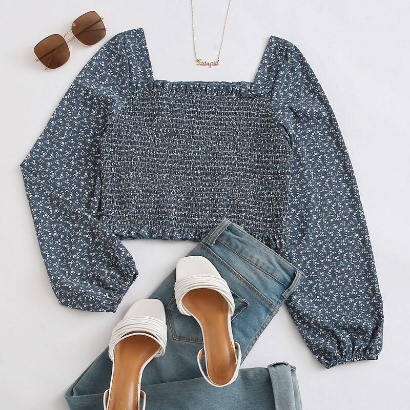 

Ditsy Floral Shirred Crop Top, Dusty blue
