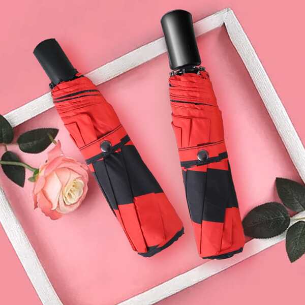

1pc Striped Pattern Fully Automatic Sunscreen Umbrella, Red