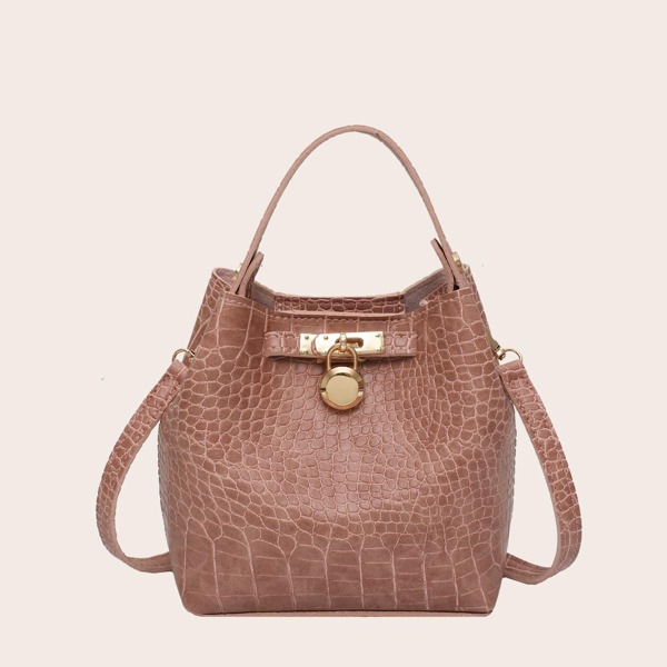 

2pcs Croc Embossed Bucket Bag With Crossbody Bag, Pink