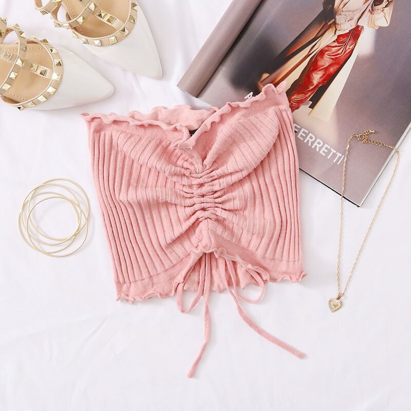 

Lettuce Trim Drawstring Knot Rib-knit Bandeau Top, Dusty pink