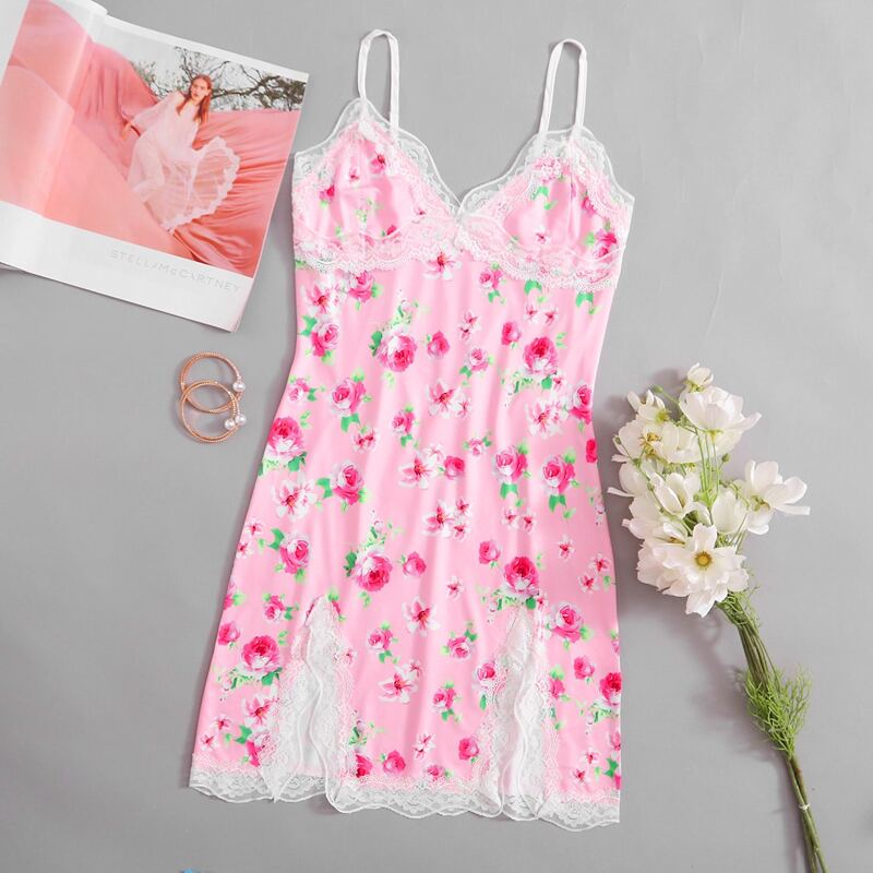 

Lace Trim Floral Print Dress, Pink