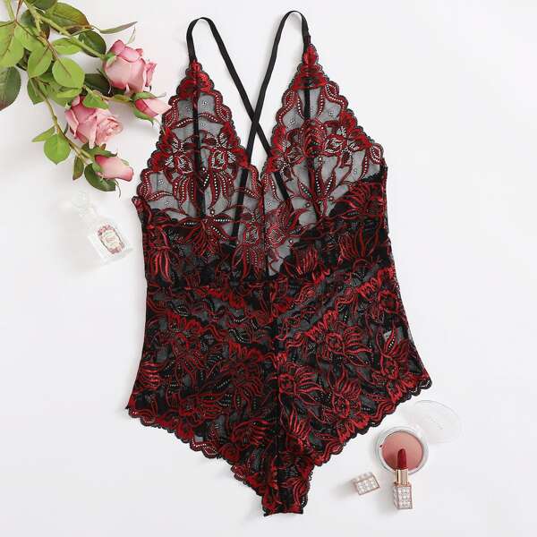 

Plus Floral Lace Teddy Bodysuit, Multicolor