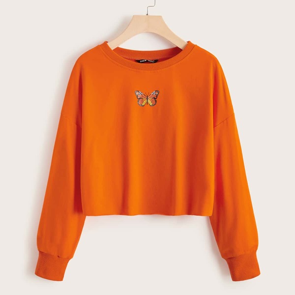 

Drop Shoulder Butterfly Print Pullover, Orange bright