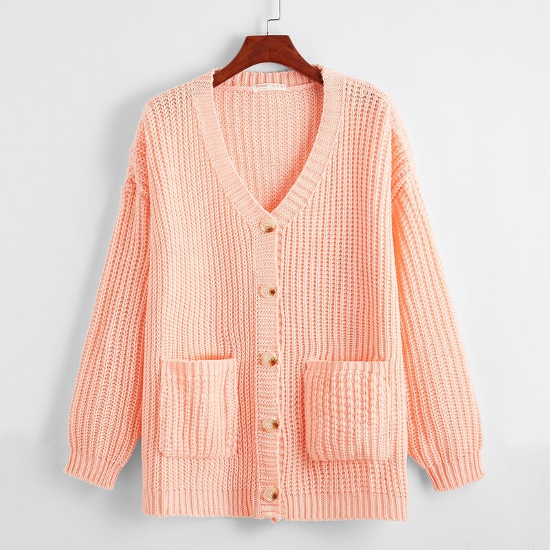 

Solid Button Front Pocket Cardigan, Coral pink
