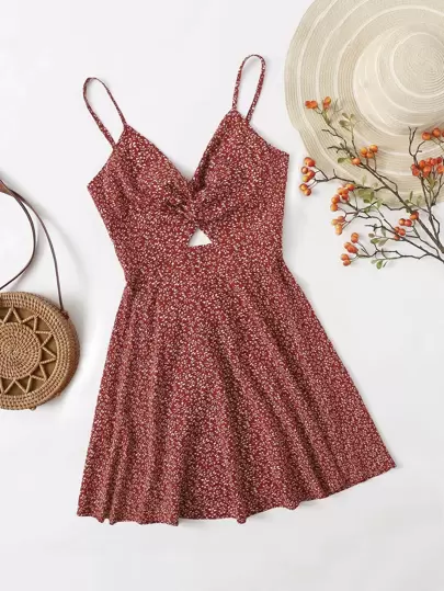 Soleia Twist Front Tie Back Ditsy Floral Print Peekaboo Cami Dress