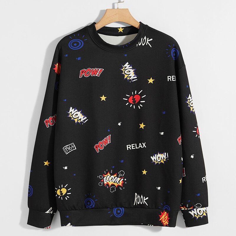 

Guys Letter & Star Print Sweatshirt, Black