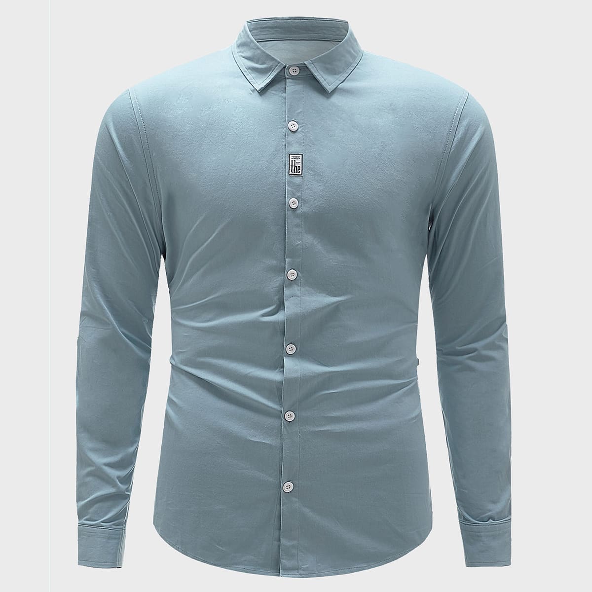 

Guys Button Through Patched Shirt, Pastel dusty blue