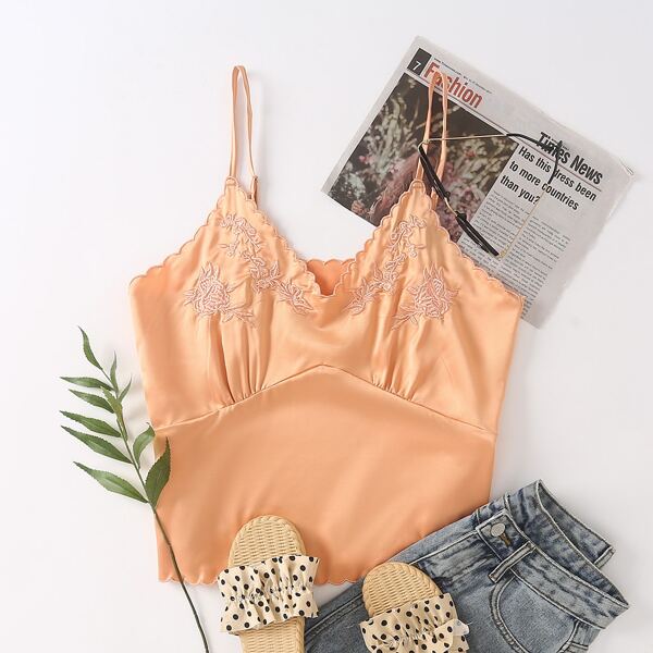 

Floral Embroidery Scallop Trim Cami Top, Orange pastel