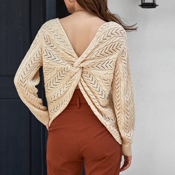 

Twist Back Pointelle Knit Sweater, Apricot