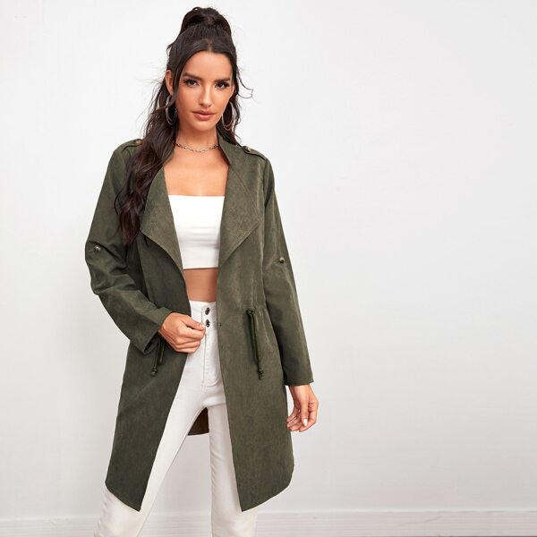 

Drawstring Waist Roll Tab Sleeve Coat, Army green