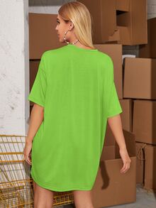 Letter Graphic Drop Shoulder Tee Dress - Lime Green - View 2