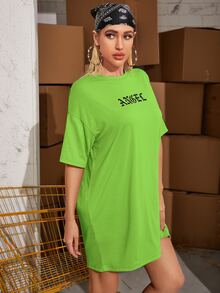 Letter Graphic Drop Shoulder Tee Dress - Lime Green - View 5
